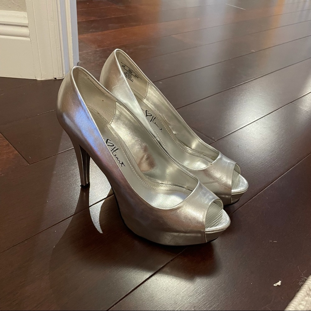 Velvet heart silver platform peep-toe heels